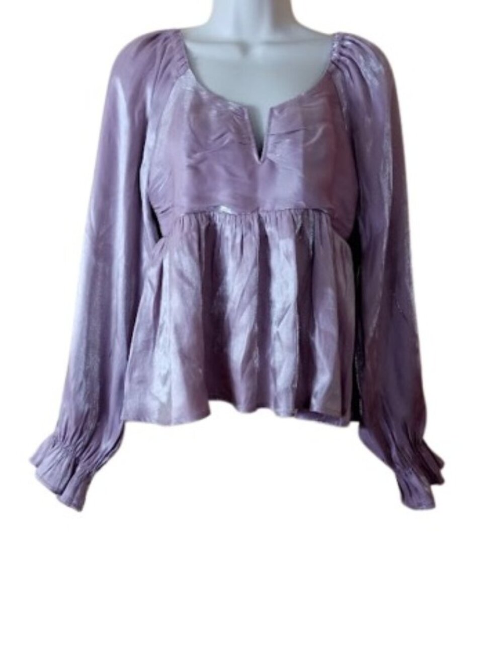 Versona Womens Cropped Peplum Blouse Iridescent Metallic Pink Smocked JR S New